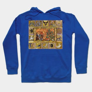 MEDIEVAL BESTIARY,RED DRAGON ,TREE OF LIFE AND BIRDS ,FANTASTIC ANIMALS IN GOLD RED BLUE COLORS Hoodie